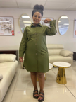 Long sleeve shirt dress in olive green with button front, collared style, knee length