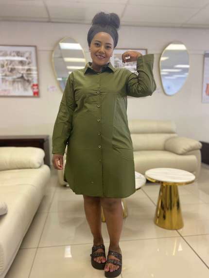 Long sleeve shirt dress in olive green with button front, collared style, knee length