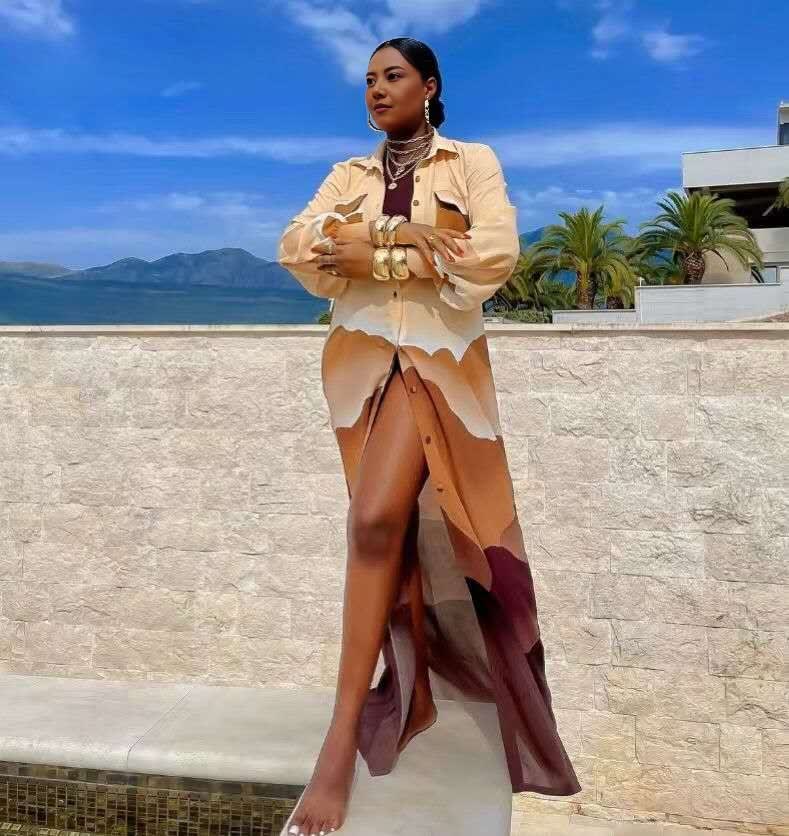 Long Split Shirt Dress, Mountain Pattern, Button Design