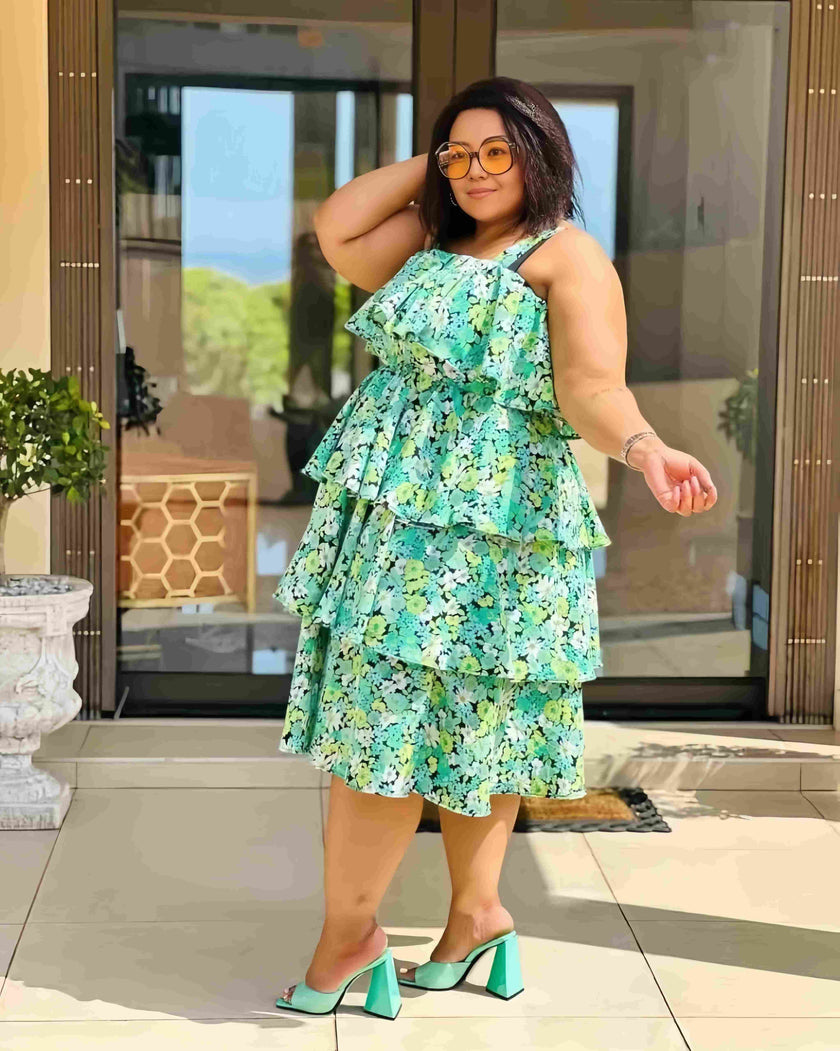 Sleeveless Tiered Skirt Dress with Floral Design