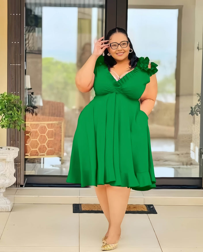 Green A-line midi dress with ruffled floral shoulder detail and V neckline