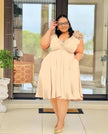 Beige A-line midi dress with ruffled floral shoulder detail and V neckline