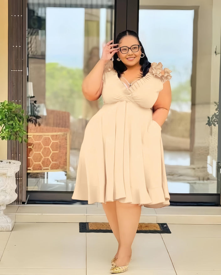 Beige A-line midi dress with ruffled floral shoulder detail and V neckline