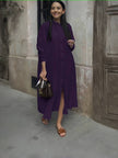 Purple shirt dress with stand collar, button front, long sleeves, side slit
