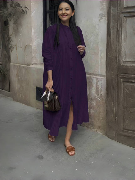 Purple shirt dress with stand collar, button front, long sleeves, side slit