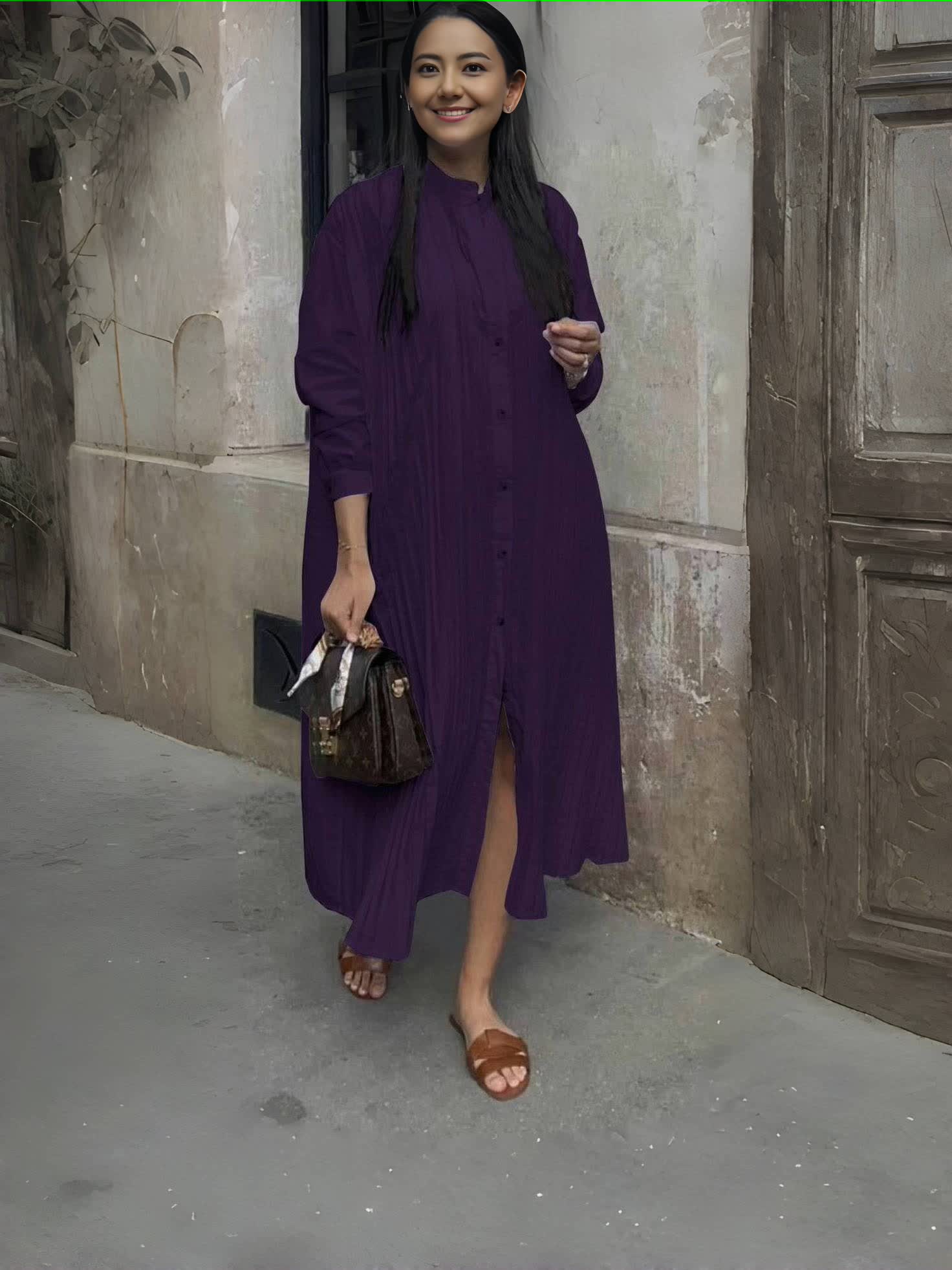 Women's Long Loose Shirt Dress with Simple Button Design and Stand Collar