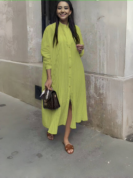 Yellow-green shirt dress with stand collar, button front, long sleeves, side slit