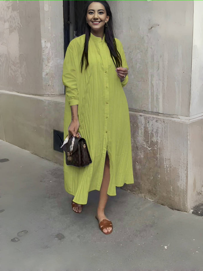 Yellow-green shirt dress with stand collar, button front, long sleeves, side slit