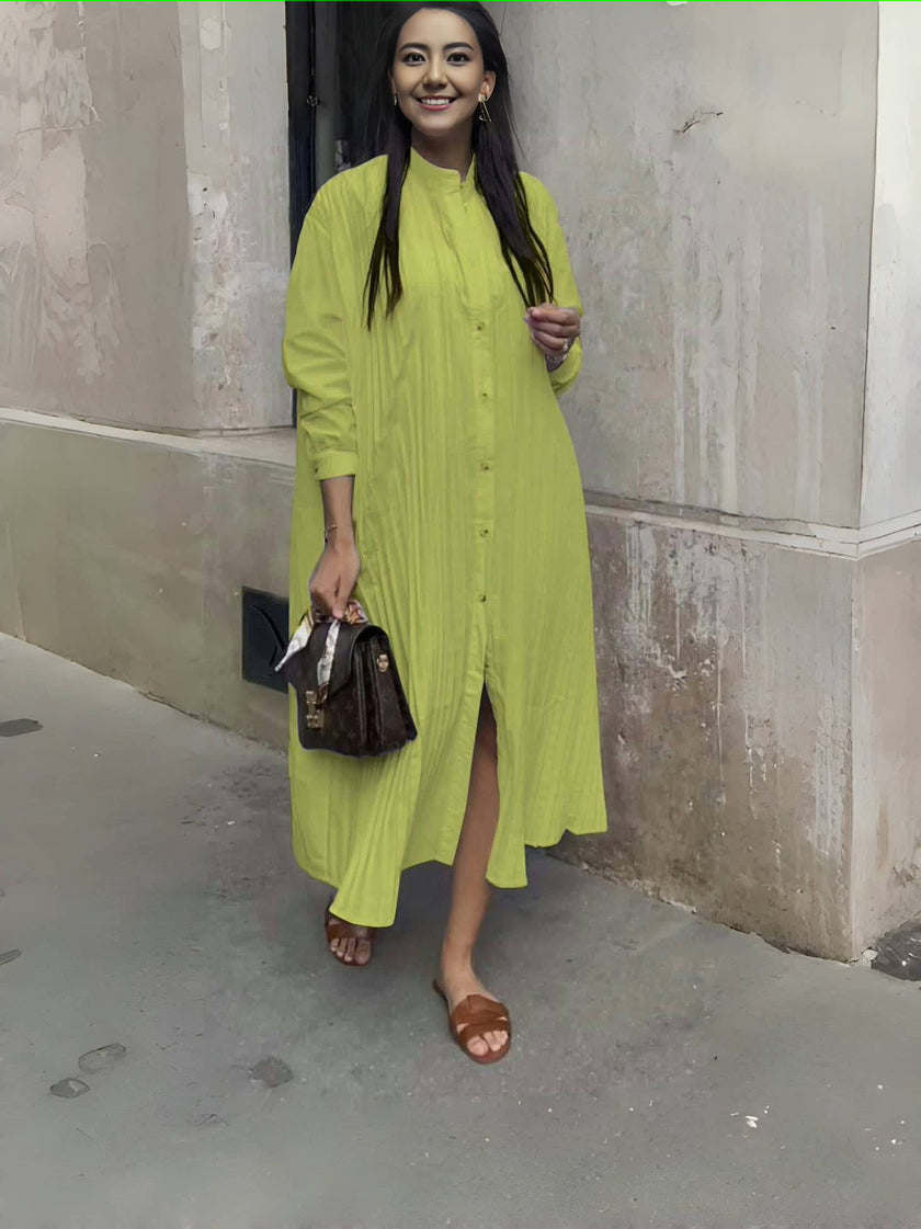 Women's Long Loose Shirt Dress with Simple Button Design and Stand Collar
