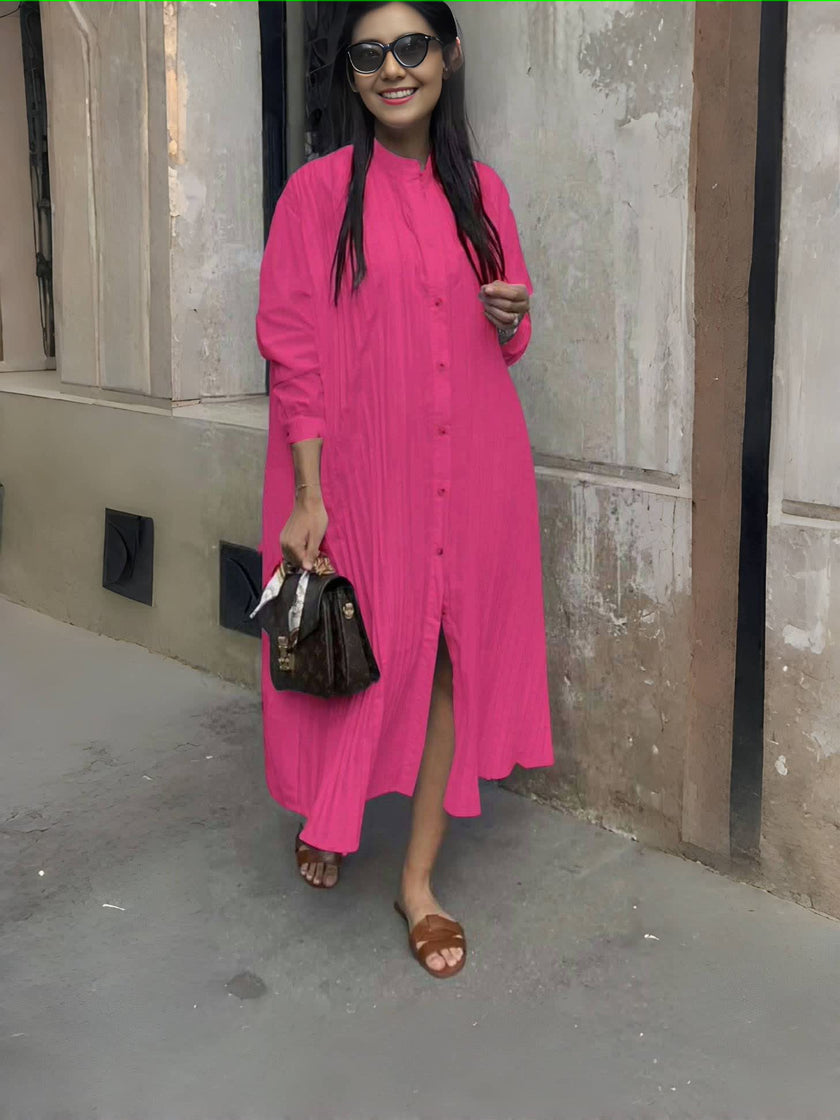 Women's Long Loose Shirt Dress with Simple Button Design and Stand Collar