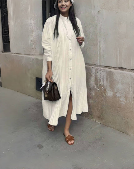 Cream shirt dress with stand collar, button front, long sleeves, side slit