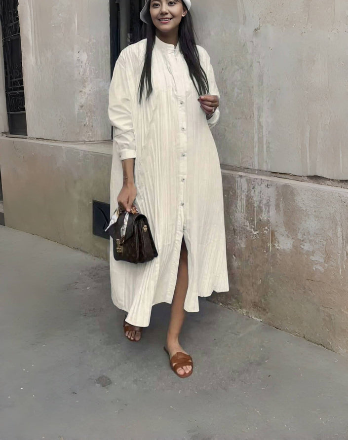 Cream shirt dress with stand collar, button front, long sleeves, side slit
