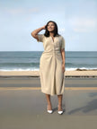Beige midi dress with V-neck, short sleeves, ruched waist knot