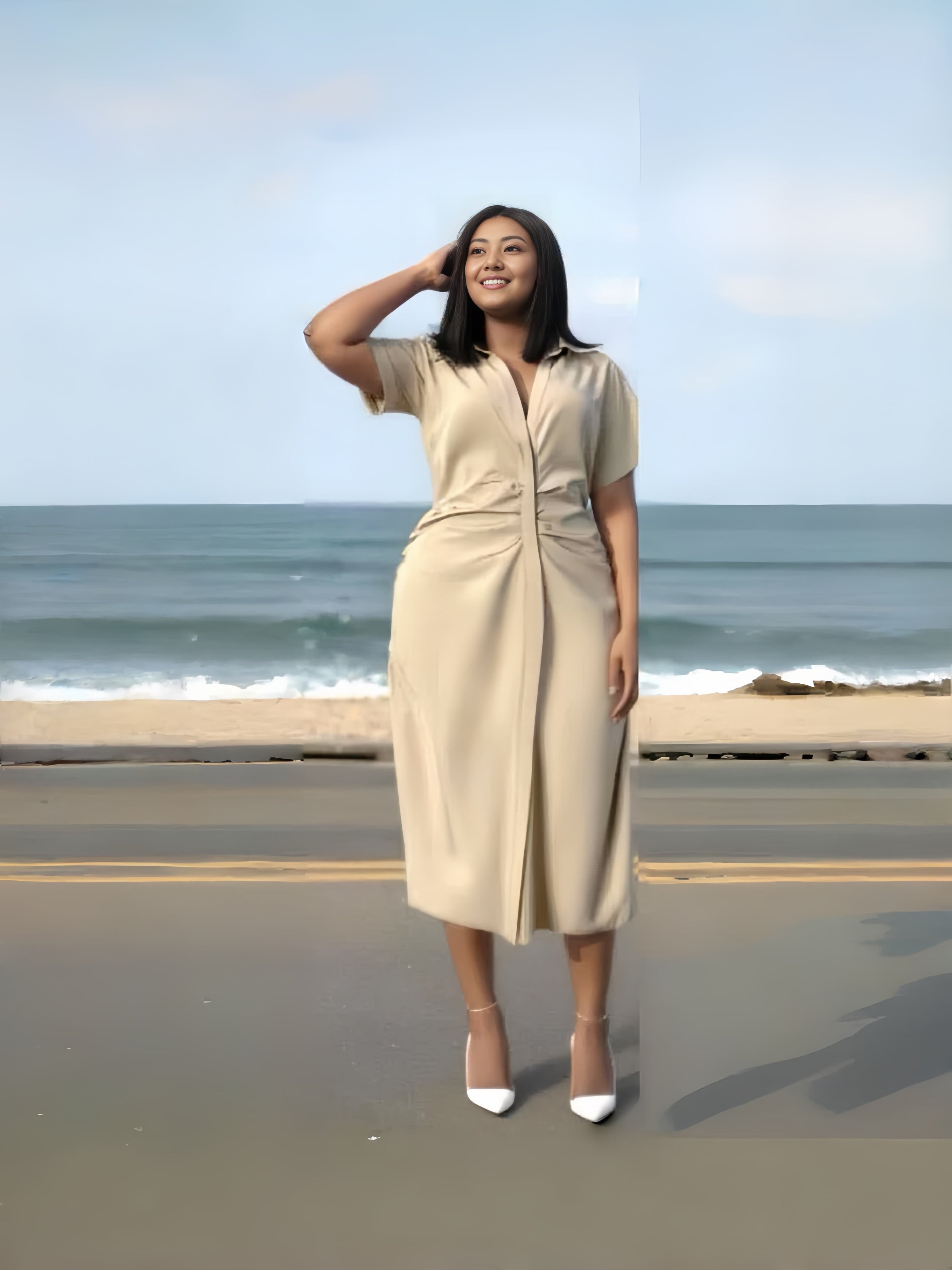 Beige midi dress with V-neck, short sleeves, ruched waist knot