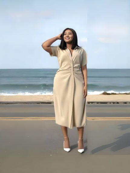 Beige midi dress with V-neck, short sleeves, ruched waist knot