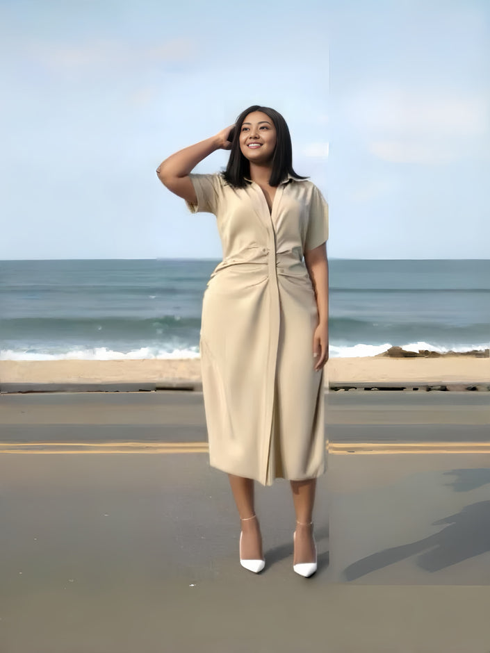 Beige midi dress with V-neck, short sleeves, ruched waist knot