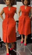 Orange-red sleeveless midi dress, V-neck with waist buttons and front slit