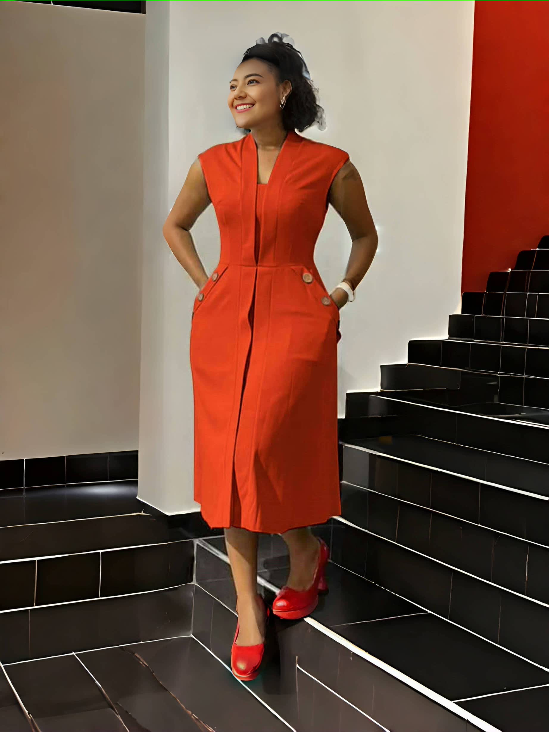 Orange-red sleeveless midi dress with V-neck placket, waist buttons, side pockets