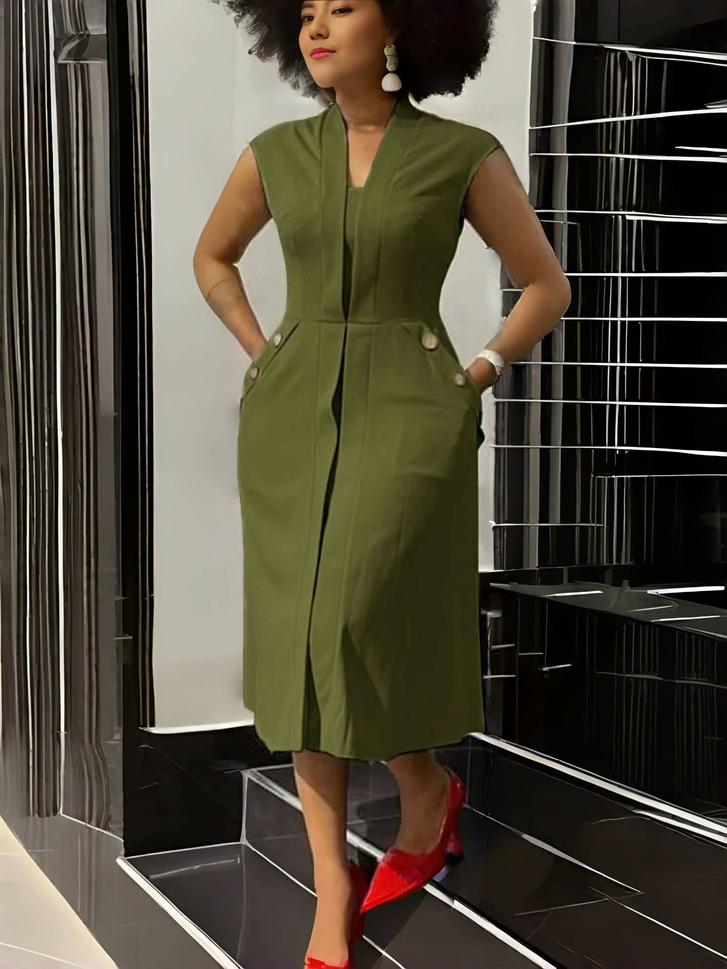Army-green sleeveless midi dress with V-neck seam and waist button details