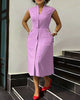 Light-purple sleeveless midi dress with V-neck, waist buttons, center front slit