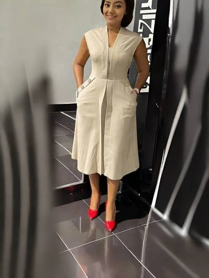 Beige sleeveless midi dress with V-neck placket and button-waist tabs