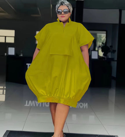 Yellow button-front tunic dress with short sleeves, loose fit