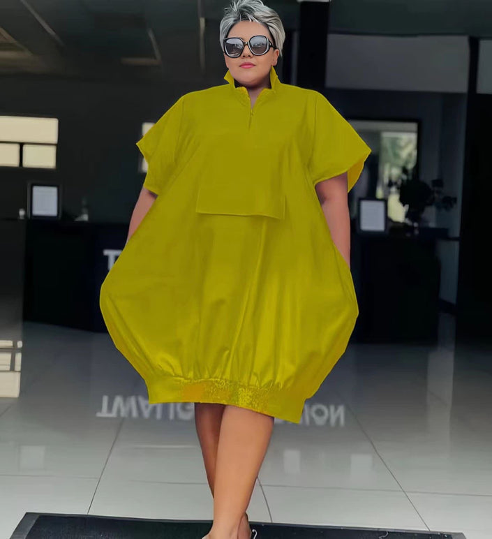 Yellow button-front tunic dress with short sleeves, loose fit