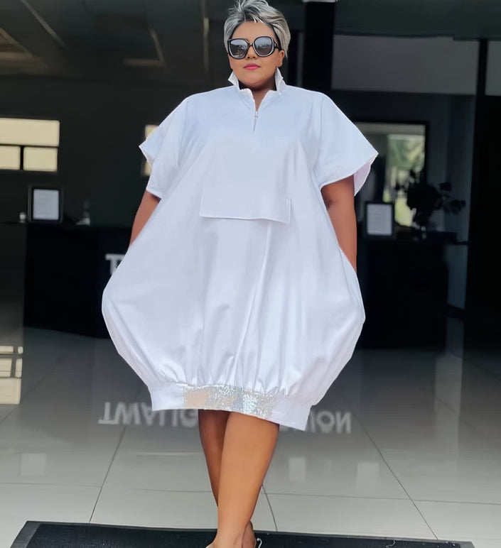 White button-front tunic dress with short sleeves, loose fit
