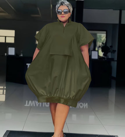 Dark olive-green button-front tunic dress with short sleeves, loose fit