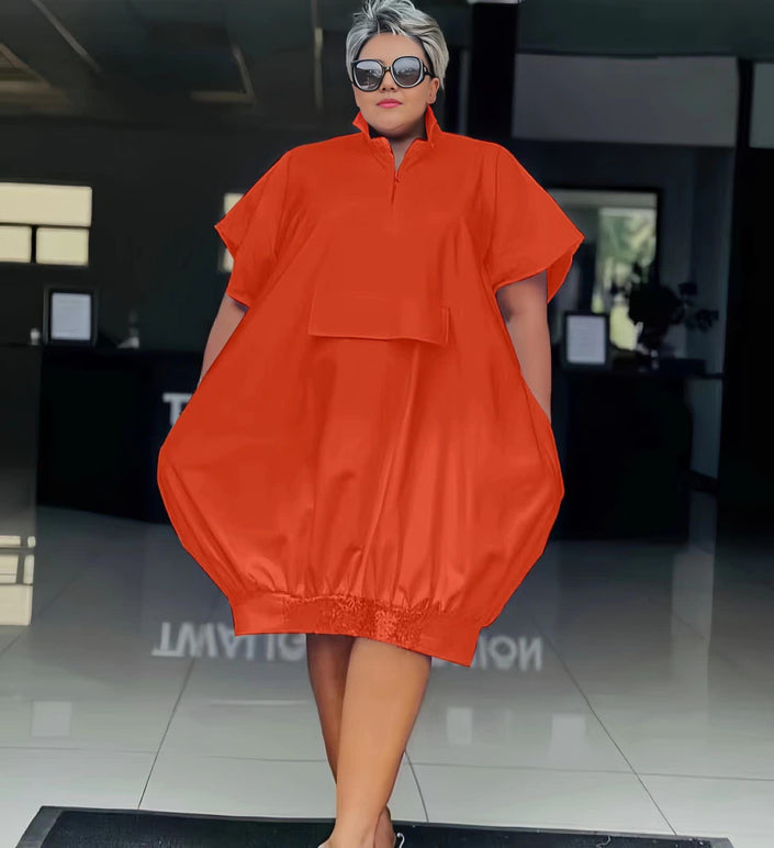 Orange-red button-front tunic dress with short sleeves, loose fit