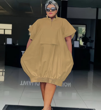 Burlywood button-front tunic dress with short sleeves, loose fit