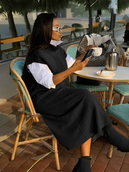 Layered knit sleeveless dress, black loose fit with ribbed high neck