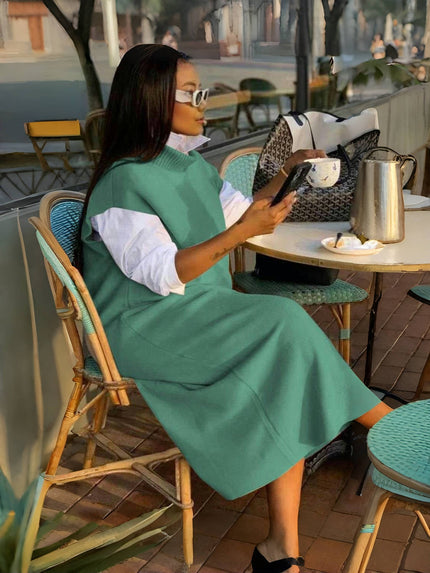 Layered knit sleeveless dress, mint-green loose fit with draped skirt