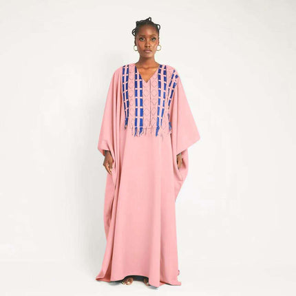 Pink kaftan maxi dress with V-neck geometric blue embroidery and fringe trim