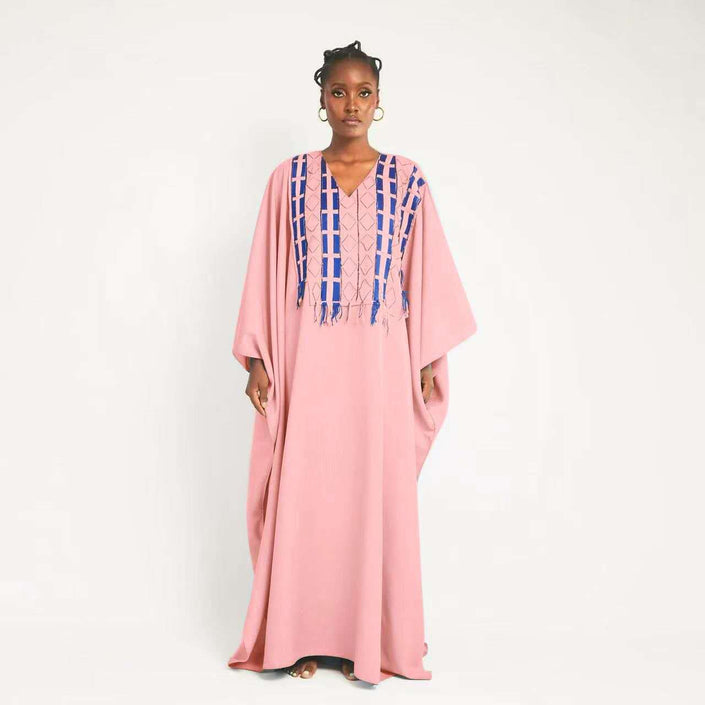 Pink kaftan maxi dress with V-neck geometric blue embroidery and fringe trim