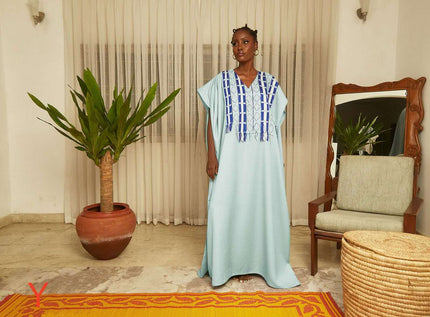 Mint-green kaftan maxi dress with V-neck geometric blue embroidery and fringe trim