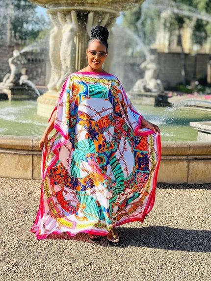 Printed kaftan dress with multicolor abstract and chain pattern, loose fit, flowing sleeves