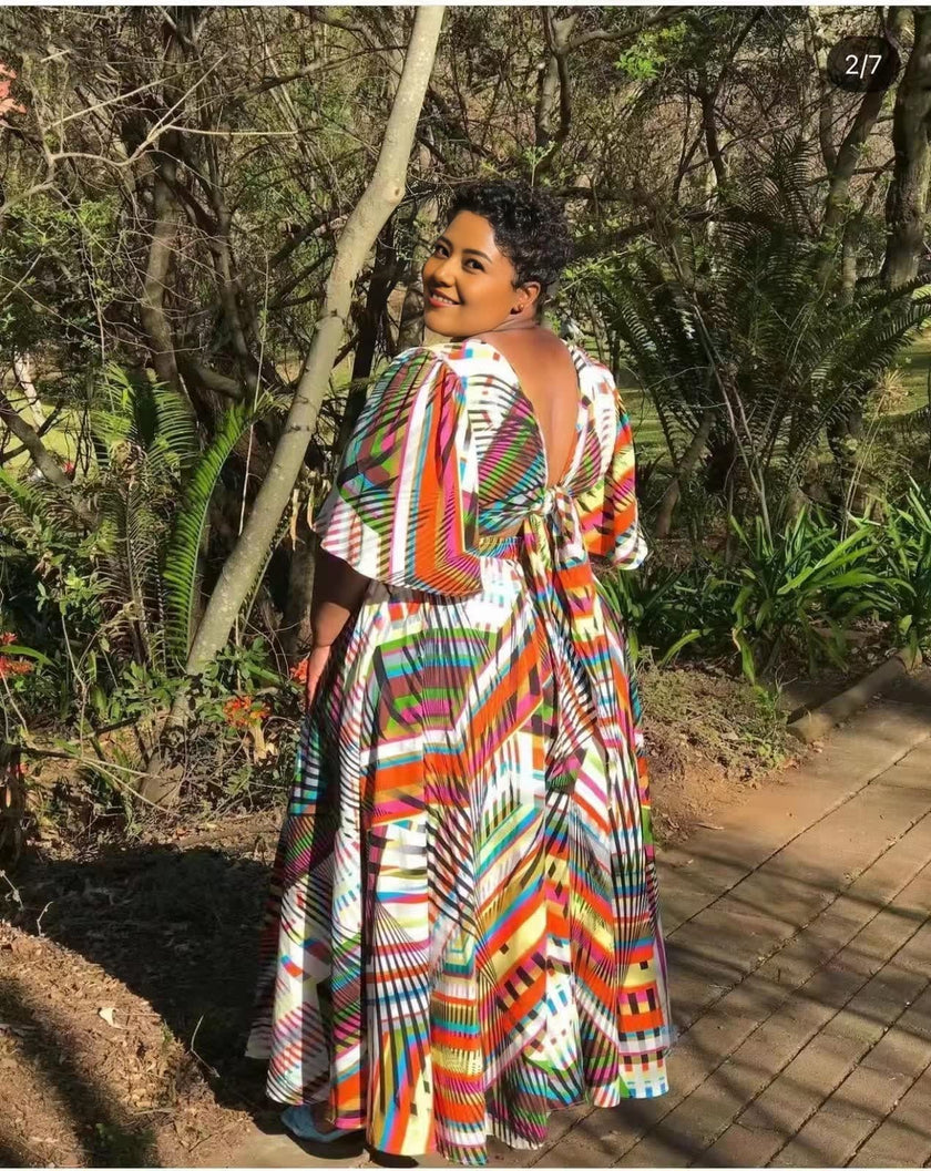 Geometric Print Flared Maxi Dress with Puffed Sleeves