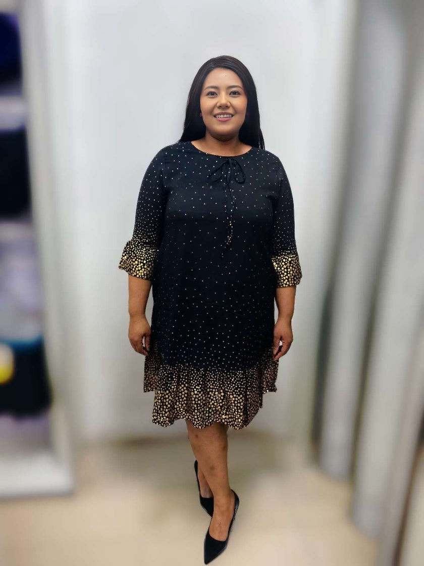 Polka Dot Ruffle Hem Dress with Tie Neck Detail