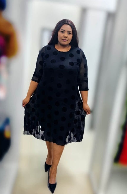 Polka Dot Sheer Overlay Knee-Length Dress