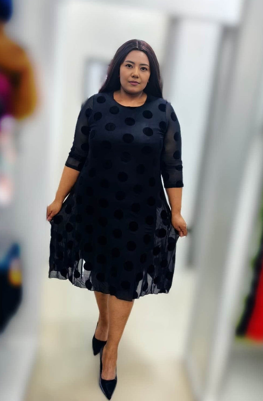 Polka Dot Sheer Overlay Knee-Length Dress