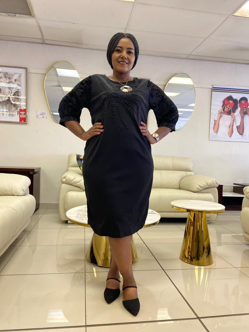 Women's Mid-Length Beaded Dress, Round Neck 3/4 Sleeves, Floral Pattern, Elegant Design