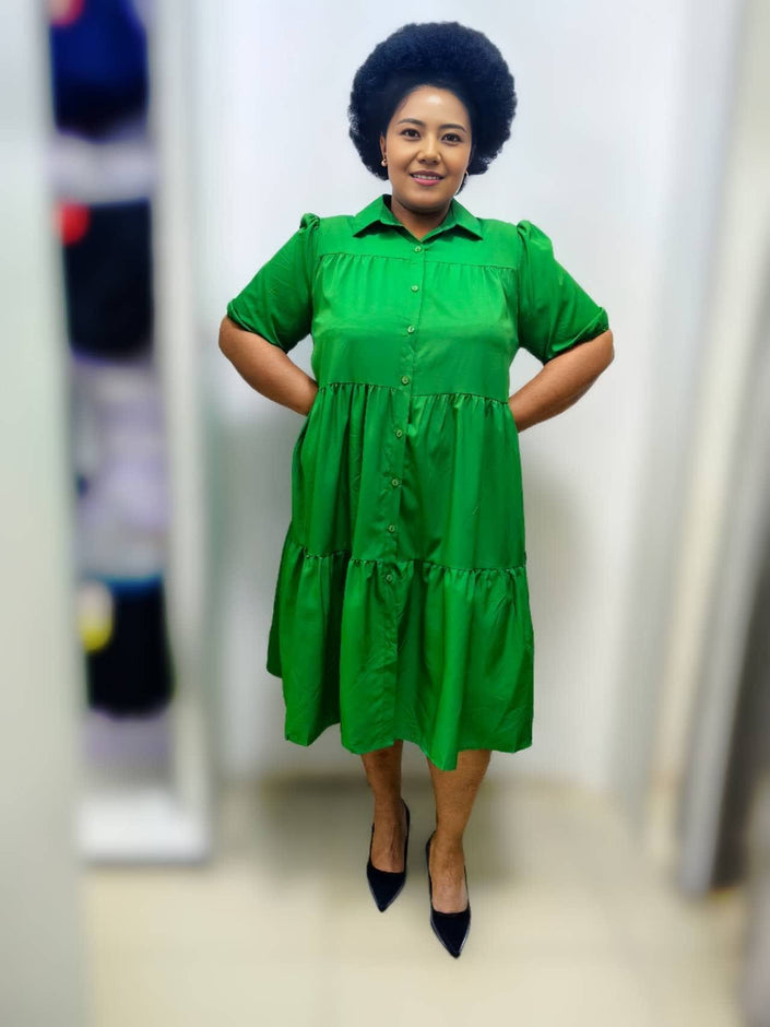 Lime-green tiered ruffle midi dress with button front and short sleeves