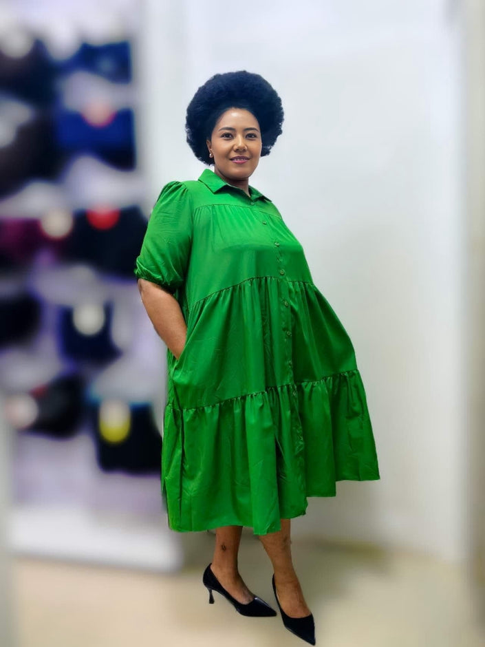 Lime-green tiered ruffle midi dress with short sleeves and button-up collar
