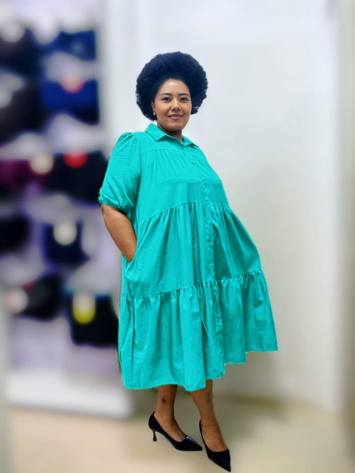 Turquoise tiered ruffle midi dress with short sleeves and button-up collar