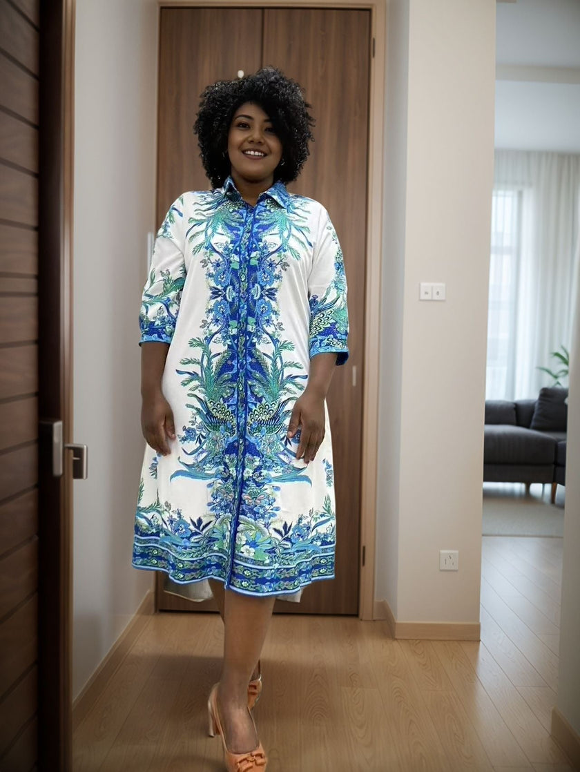 Women's Floral Midi Dress with Button-Down Closure and Elegant Silhouette