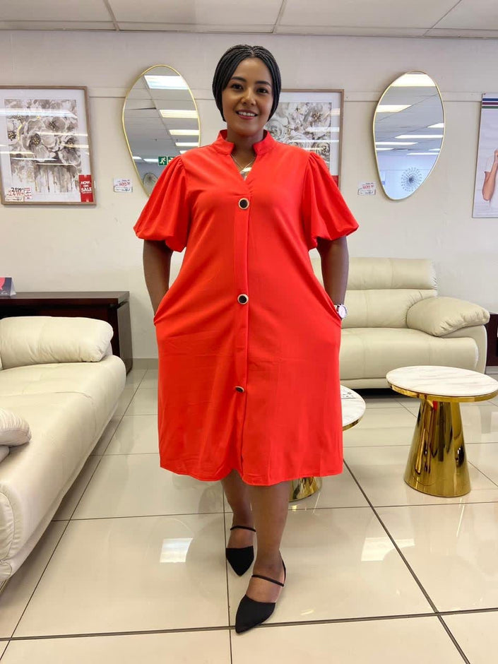 Orange-red puff-sleeve button midi dress, loose fit, front button placket.