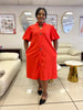 Orange-red puff-sleeve button midi dress, loose fit, front button placket.