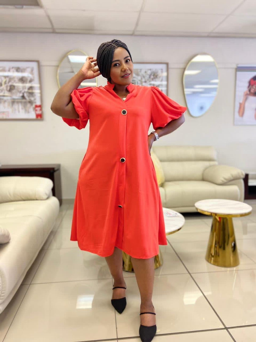 Loose Fit Dress with Front Button Decoration, Short Sleeve Design