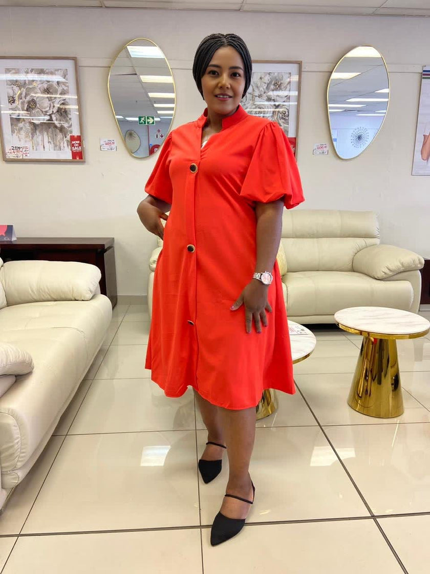 Loose Fit Dress with Front Button Decoration, Short Sleeve Design